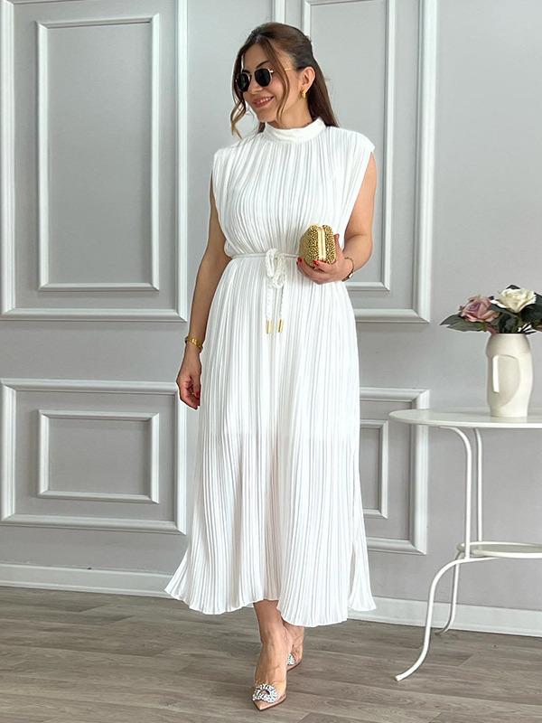 2024 Summer Women's Pleated Tie-Waist Mid-Length Dress