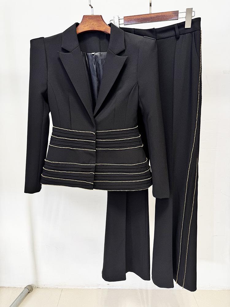 Spot 2026 Celebrity Temperament Slim Fit Two-Piece Suit with Copper Chain and Beaded Long Pants