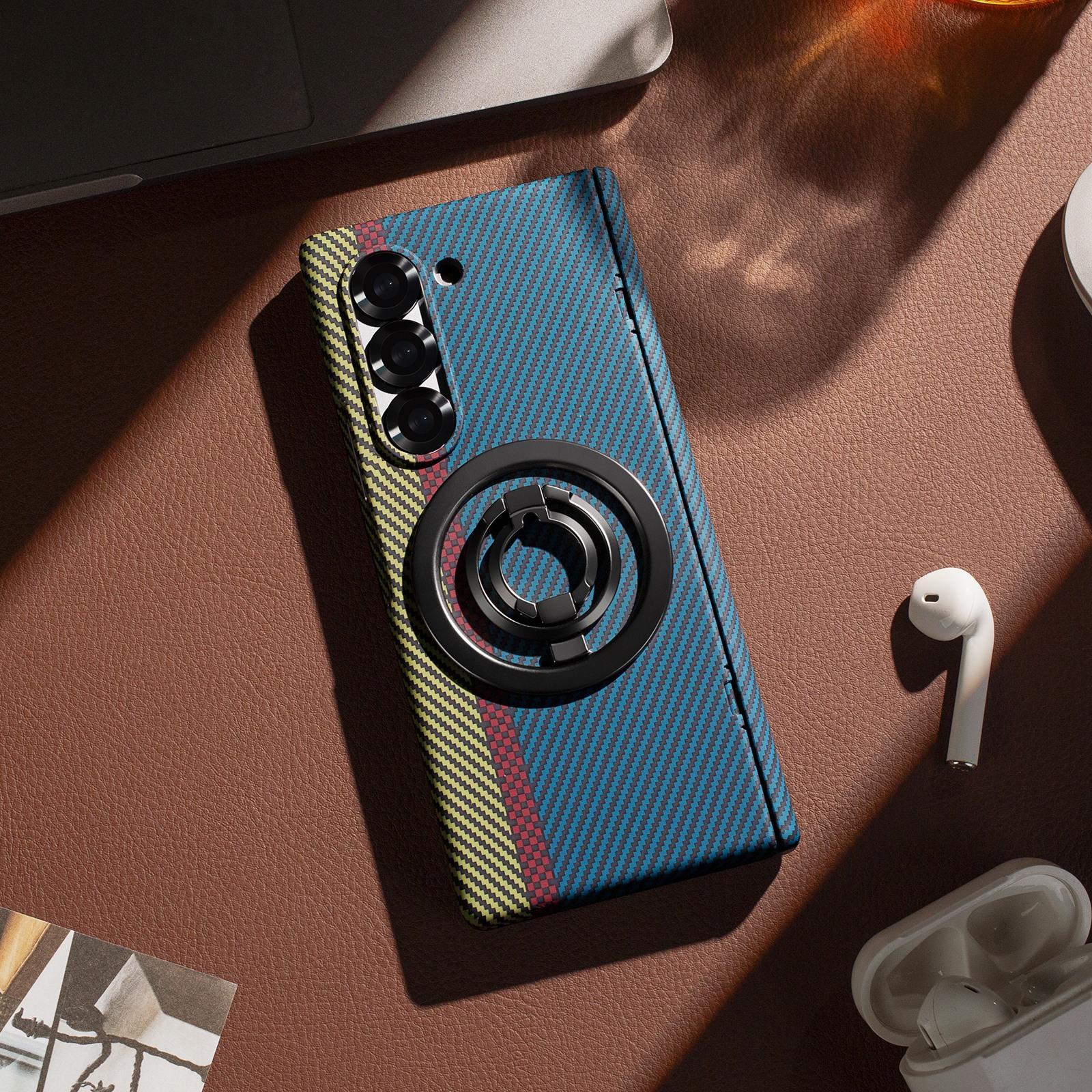 

Металлический чехол-подставка с вращающимся на 360° кольцом для Samsung Galaxy Z Fold 7 6 5 4 3 Ультратонкий защитный чехол из углеродного волокна Galaxy Z Fold7 синий