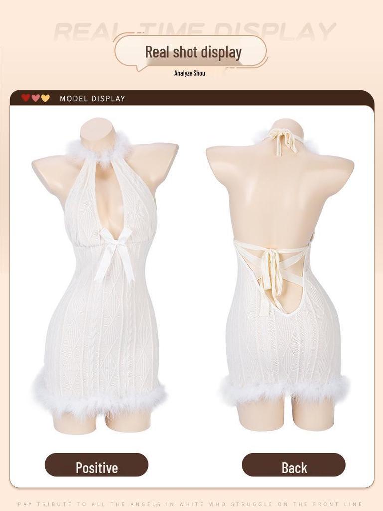 Man Yan Sexy Halter Deep V Plush Tie-Up Sheep Dress Uniform Set
