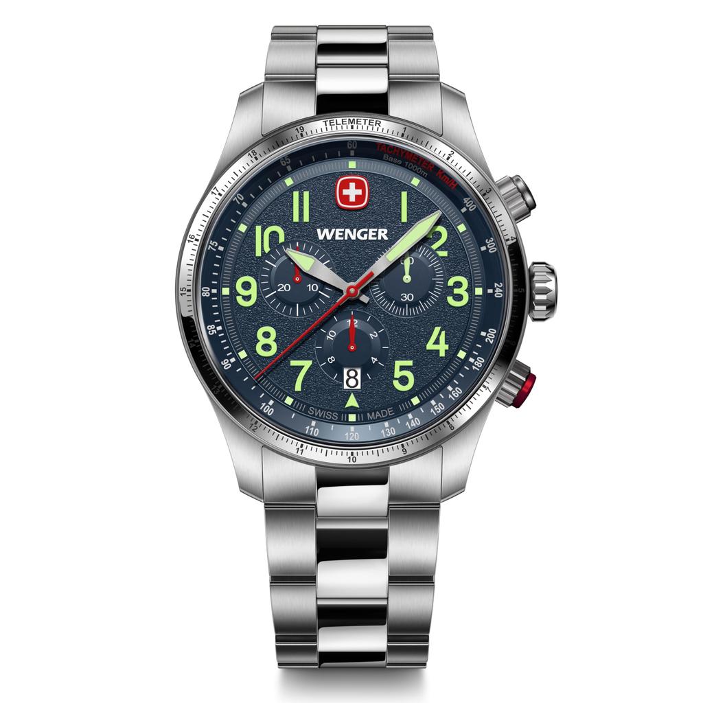 WENGER TERRAGRAPH CHRONO Chronograph Stainless Steel Case Blue Stainless Steel Quartz 100m Water Terragraph Men's Watch, (316L), Dial, Bracelet,