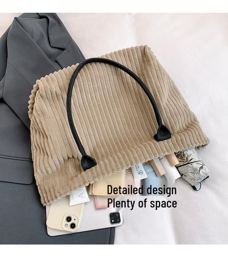 Korean Style Large Capacity Corduroy Tote - Autumn/Winter Fashion Commuter Shoulder Bag