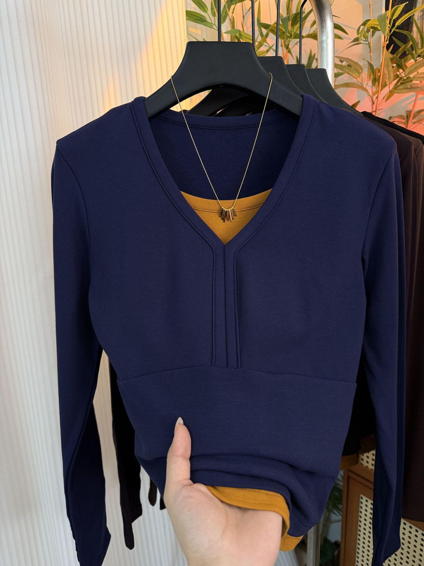 

Stylish Color-Block Patchwork Faux Two-Piece Women s Top: Versatile, Age-Reducing, Slimming, Brushed Thin Fleece Base Layer Shirt. XL (Recommended 60-70 kg)