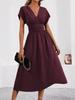 Ladies Summer Solid Color Overlapping V-Neck Bat Sleeve Waist Folds Long Elegant Dress, Women's Long Dress