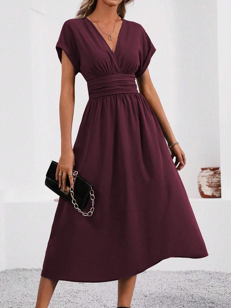 Ladies Summer Solid Color Overlapping V-Neck Bat Sleeve Waist Folds Long Elegant Dress, Women's Long Dress
