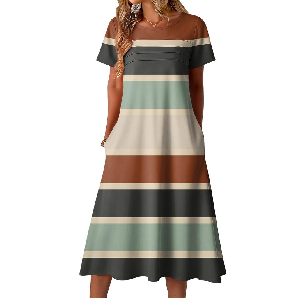 Ladies' striped printed casual and fashionable short sleeved round neck dress