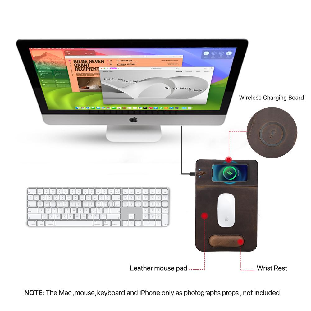 Genuine Leather Mouse Pad With Qi Wireless Charging Desk Pad For Xiaomi Iphone Samsung Galaxy Huawei Type USB C Keyboard Mat