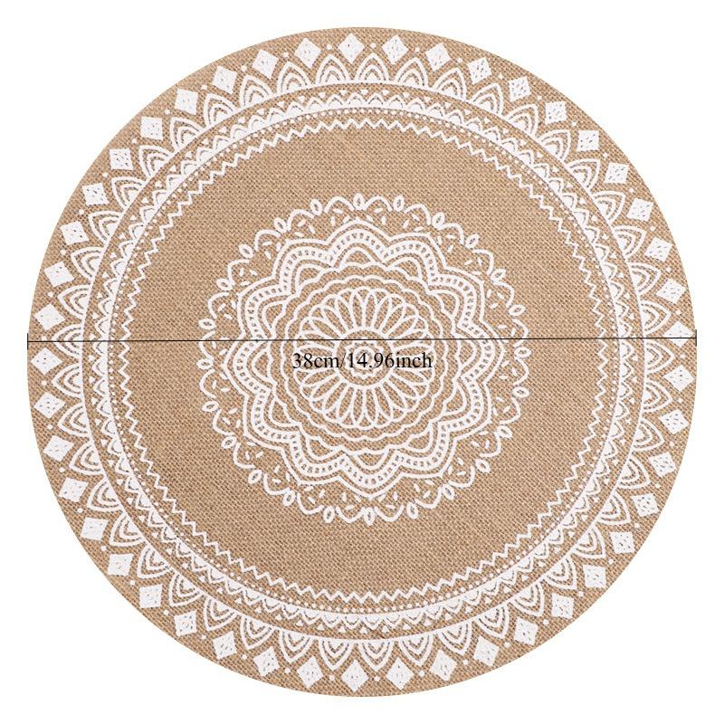 Large Round Jute Placemat Bohemian INS Style Silk Screen Printed Heat Resistant Table Mat Insulation Pad for Kitchen Dining Home Decoration