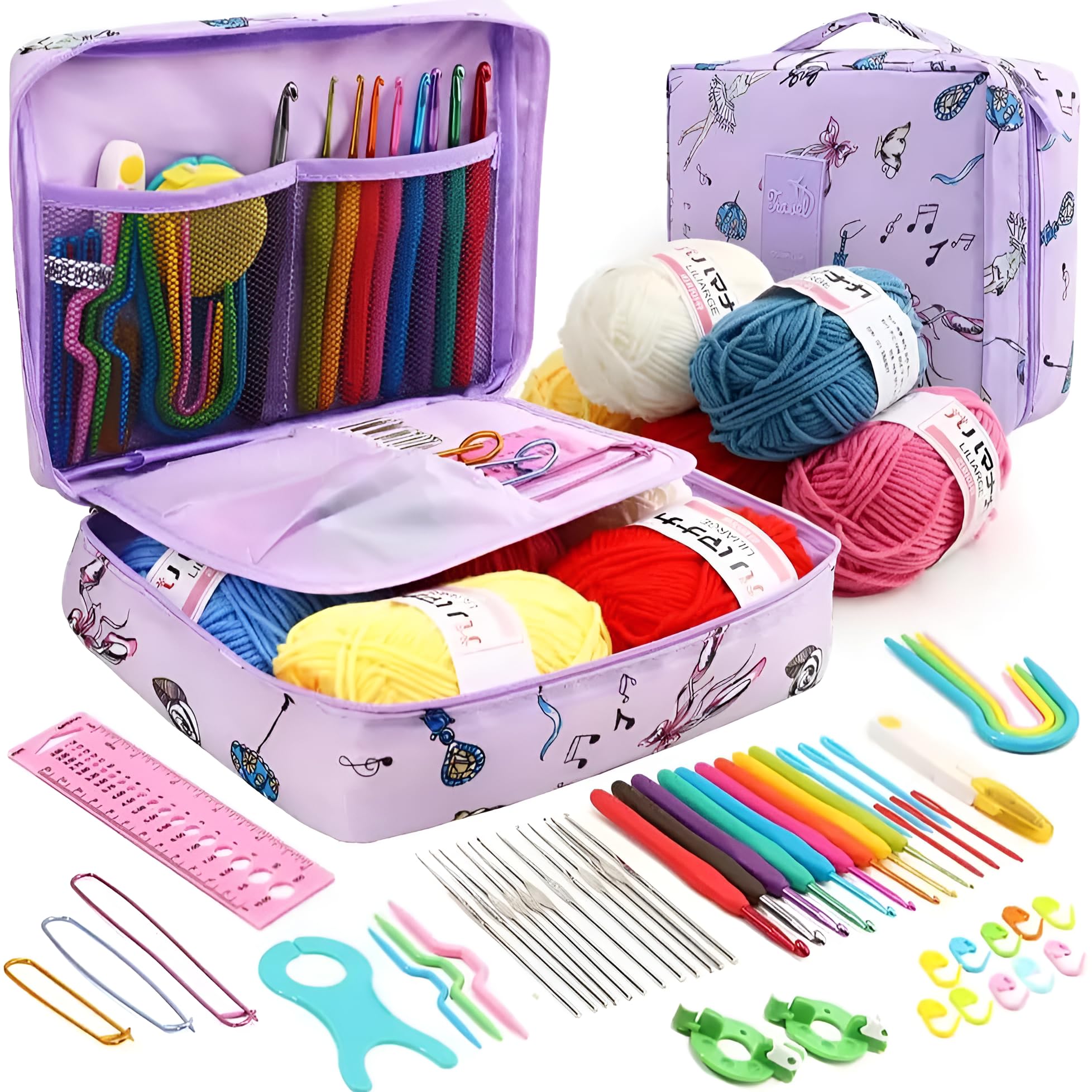 

[mocoly] 59-Piece Crochet Kit for Beginners, Starter Pack, Includes Yarn and Professional Tools, Compact Storage, Reduces Fatigue During Long Work, Cr
