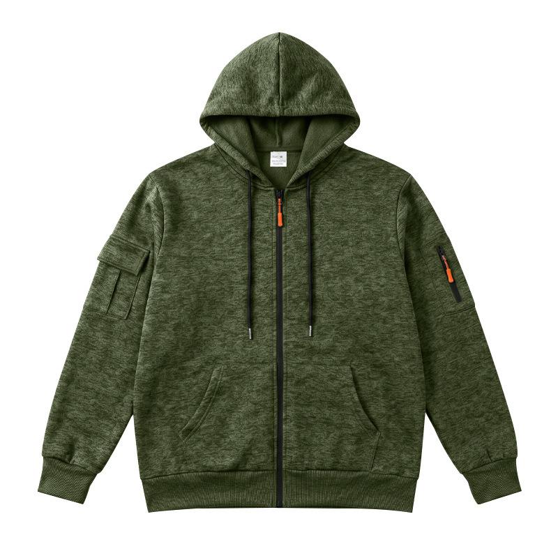 Men Heather Full Zip Hoodie Jacket, Drawstring Hood Long Sleeve Sweatshirt With Multi Arm Cargo Pockets Casual Outdoor Zip Up Hooded Coat