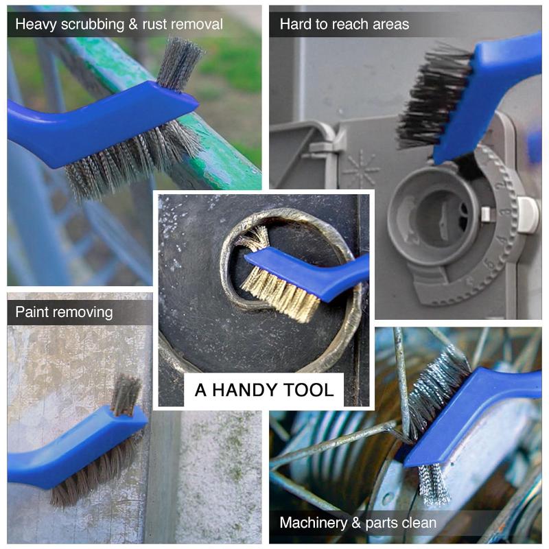 Wire Brush Set 3Pcs - Nylon/Brass/Stainless Steel Bristles with Curved Handle Grip for Rust, Dirt & Paint Scrubbing with Deep Cleaning