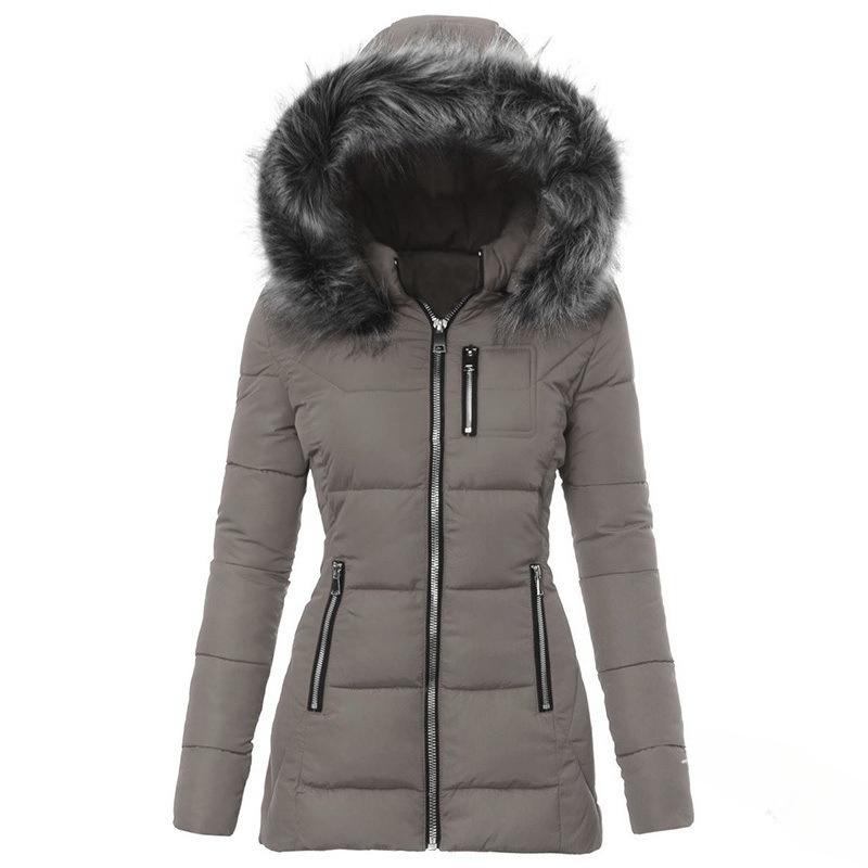 Automne et Hiver Col en Fourrure Décoration Zippée Manteau en Coton Slim pour Femmes Manteau Épais pour Femmes