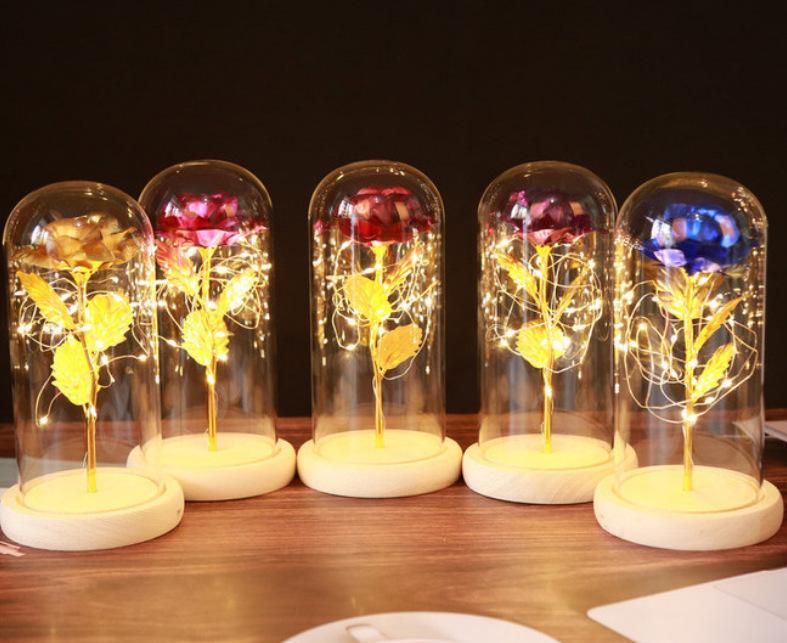 Gold Foil Rose Eternal Flower Glass Cover Gift for Valentine's Day, Christmas, New Year