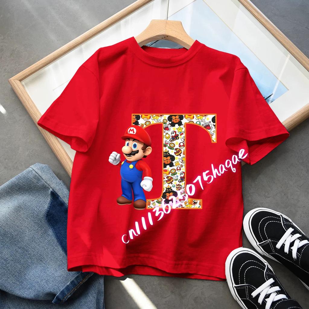 Super Mario Anime Birthday Lucky letter AZ Print T Shirt Cute Children Clothing Tops Toddler Tees Casual Clothes Tops Tees