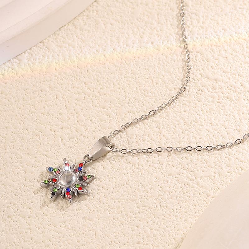 New sunflower high version colored titanium steel necklace women's simple niche diamond-set silver pendant collarbone chain jewelry