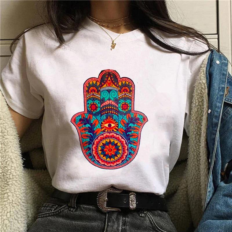 Hamasa Hand der Fatima Print Damen T-Shirts Lucky Hamsa Hand Harajuku Unisex T-Shirts Sommer Kurzarm Schwarzes Top Tees Weiblich