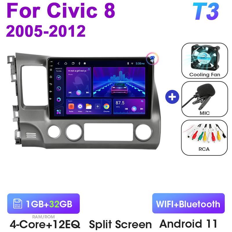 2 Din Android 12 Car Radio For Honda Civic 8 2005 - 2012 Multimedia Video Player GPS Navigation Stereo 4G WIFI Carplay Auto RDS