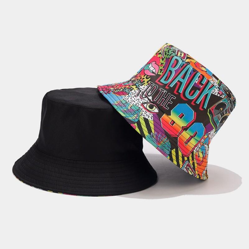 Europäischer und Amerikanischer Retro Klassiker 80er 90er Party Fischerhut Unisex Mode Graffiti Wendbarer Fischerhut