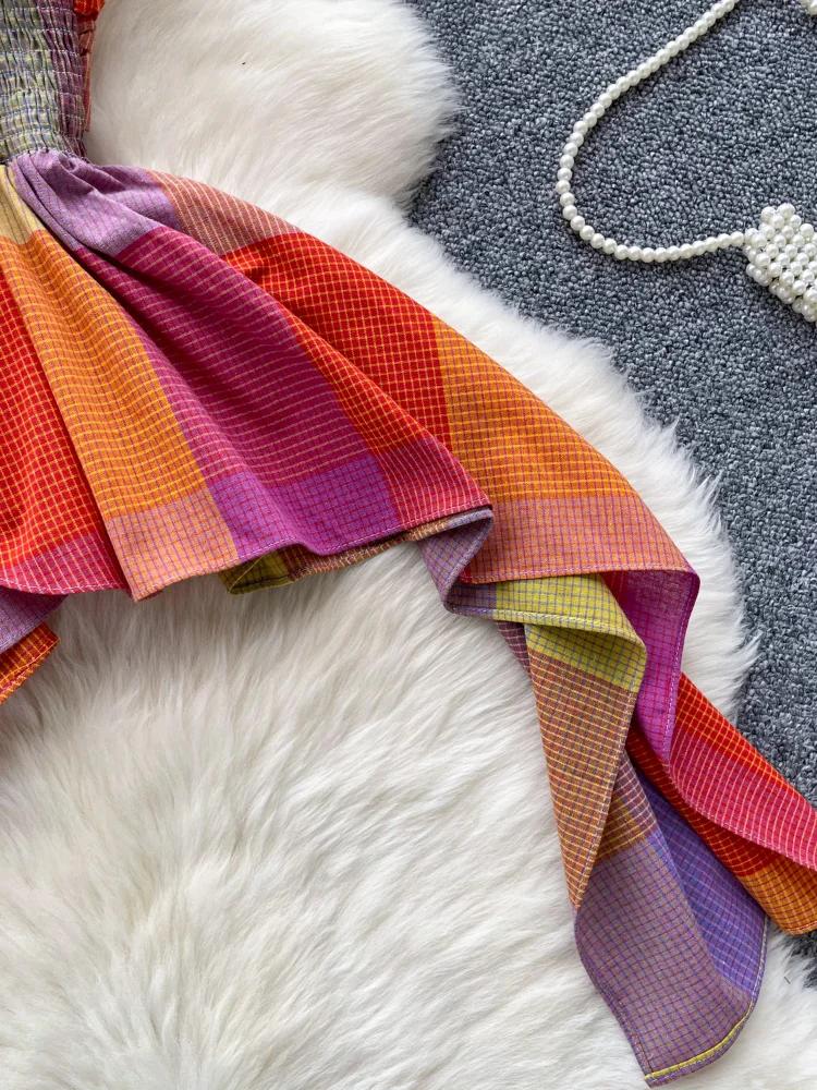 Summer American Retro Beach Vacation Vest Women Sling Slim Chic Colored Plaid Tops Female High Street Ruffled Edge Clothes New