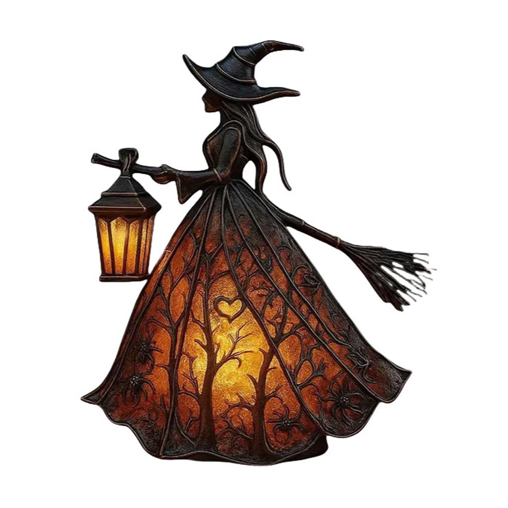 2025 Neue Harz Halloween Hexe mit Besen und Laternenlicht, Desktop Leuchtende Deko für Indoor Party, Gruseliger Heim Festival Akzent