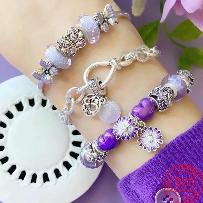 New Copper Purple Murano Bead Pansy Flower Dangle Charm Fit Original Brand Bracelet And Necklace Jewelry Gift