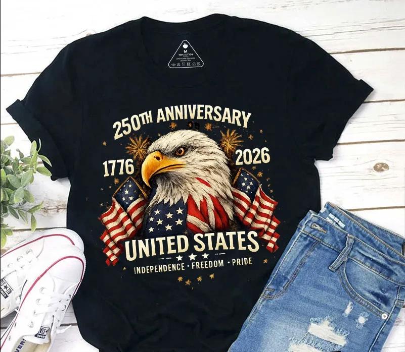 250th Anniversary United States Patriotic Eagle T-Shirt, America 250 Years Tee M