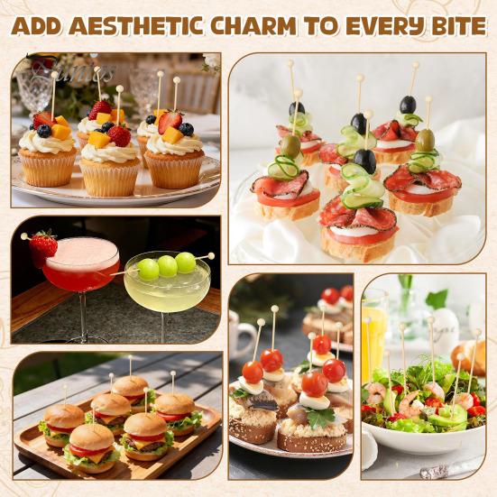 Bite-sized Snack Picks 100/200Pcs Wooden Ball Toothpicks Long Cocktail Appetizers No Residue Baking Garnish Skewers with Sturdy Polished Heads