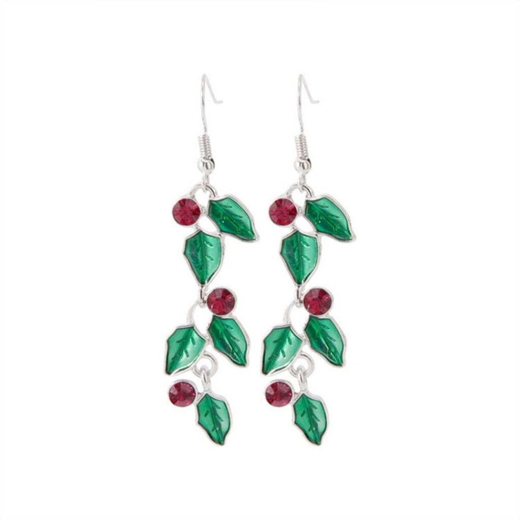 Christmas Red Rhinestone Green Enamel Christmas Long Leaf Drop Earrings Xmas Leaves Tassel Earring For Women Men Holiday Jewelry