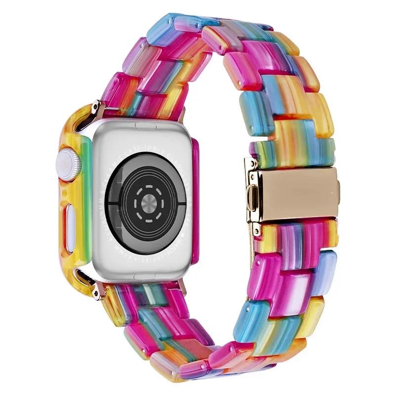 Etui+Pasek z Żywicy do Apple Watch Series 9 41mm 45mm Pasek 38 40mm Pokrowiec Damska Bransoletka do iWatch 8 7 6 SE 5 4 42 mm 44mm Correa