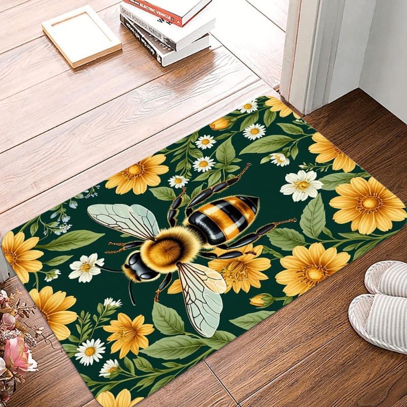 Bees and Flowers Printing Non-Slip Small Rug Waterproof Easy Clean Floor Mat for Indoor Outdoor Use Durable Home Decor Fashion