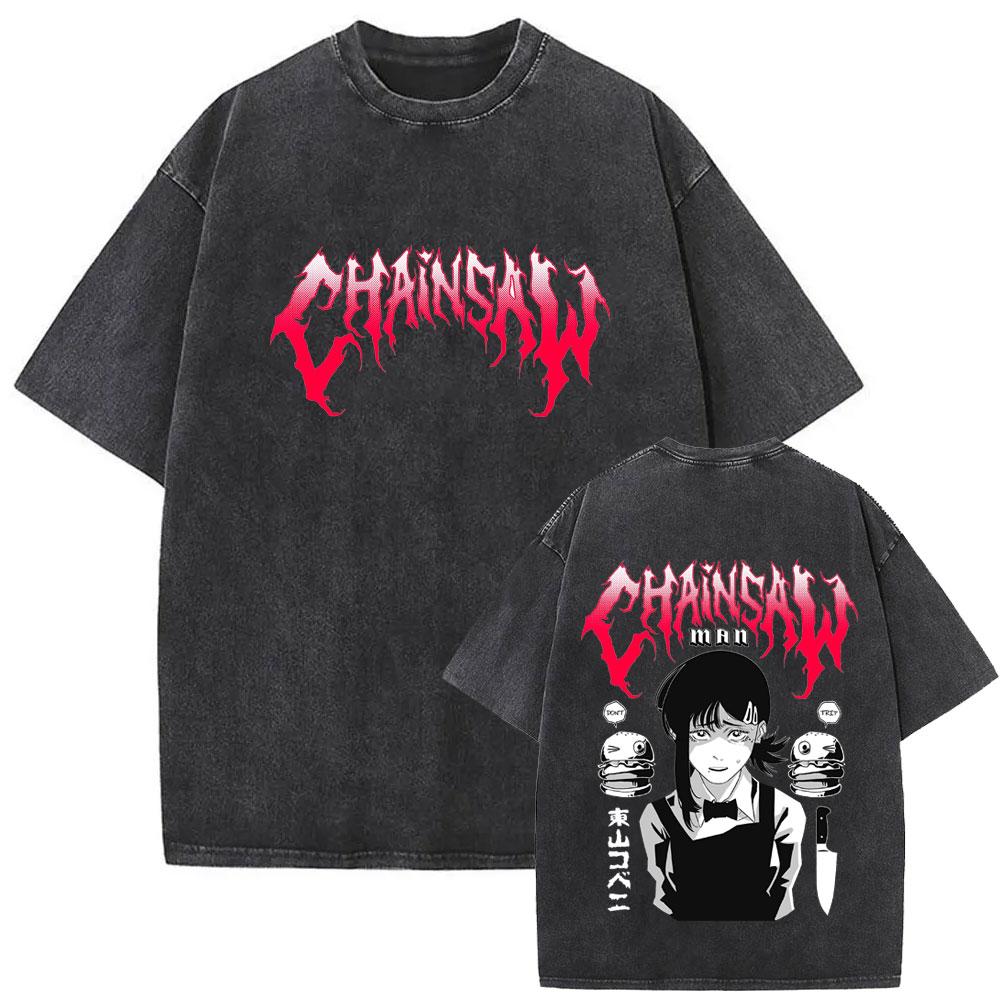 New Washed Vintage Anime Chainsaw Man Himeno Graphic Tshirt Men Women Casual Cotton Retro T Shirts Mens Cartoon Tshirts