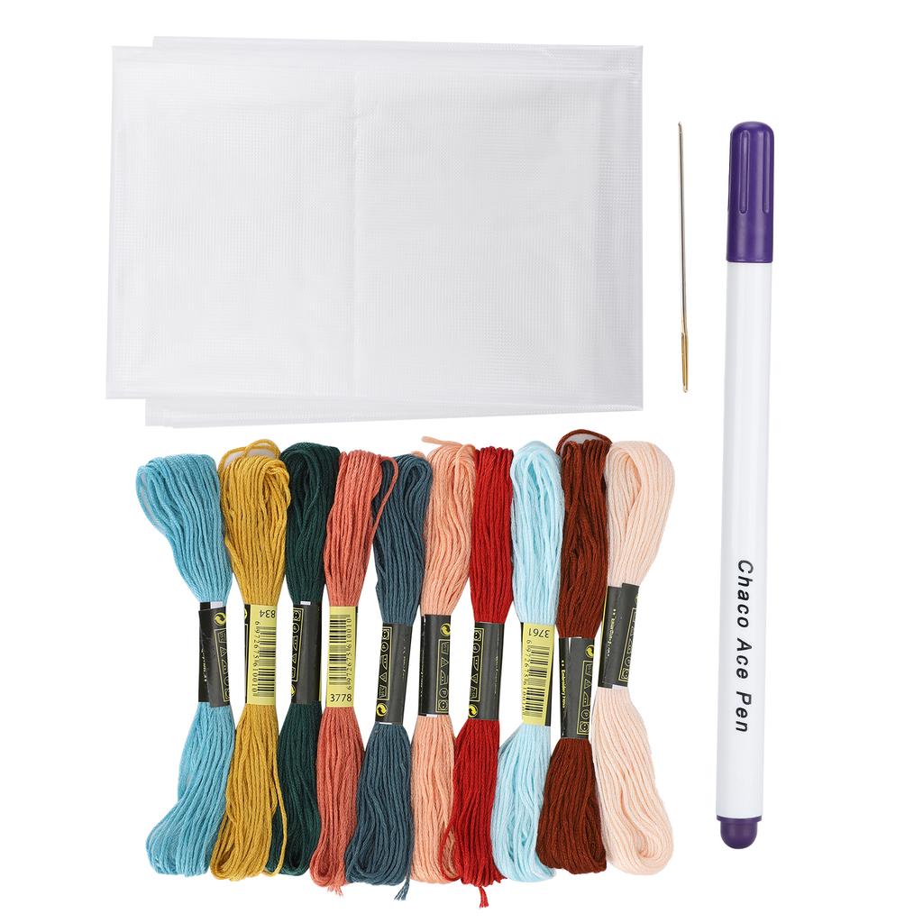 Cross Stitch Set 10 Color Embroidery Thread Water Soluble Cloth Needle Kit for Beginner