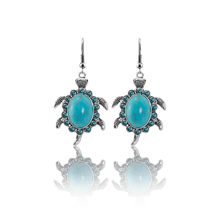 Retro Cartoon Turtle Blue Turquoise Alloy Earrings for Women
