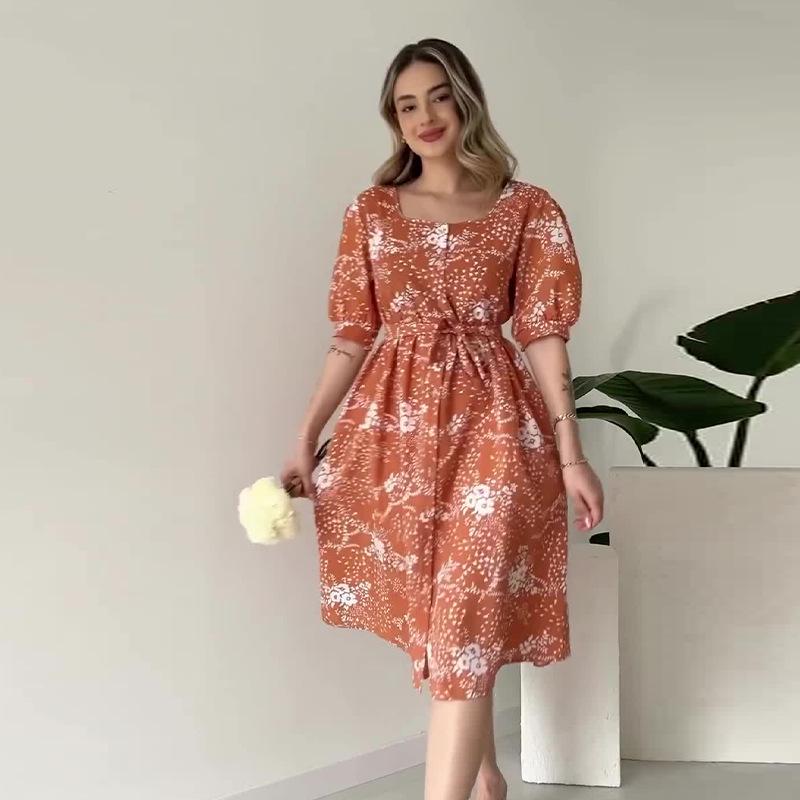 Summer 2024 Euro-American Square Neck Puff Sleeve Tie Waist Dress for Women