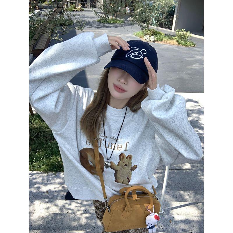 Kumikumi Sweet Style Bear Print Round Neck Temperament Long Sleeve Sweatshirt Female Autumn Loose Versatile Casual Top