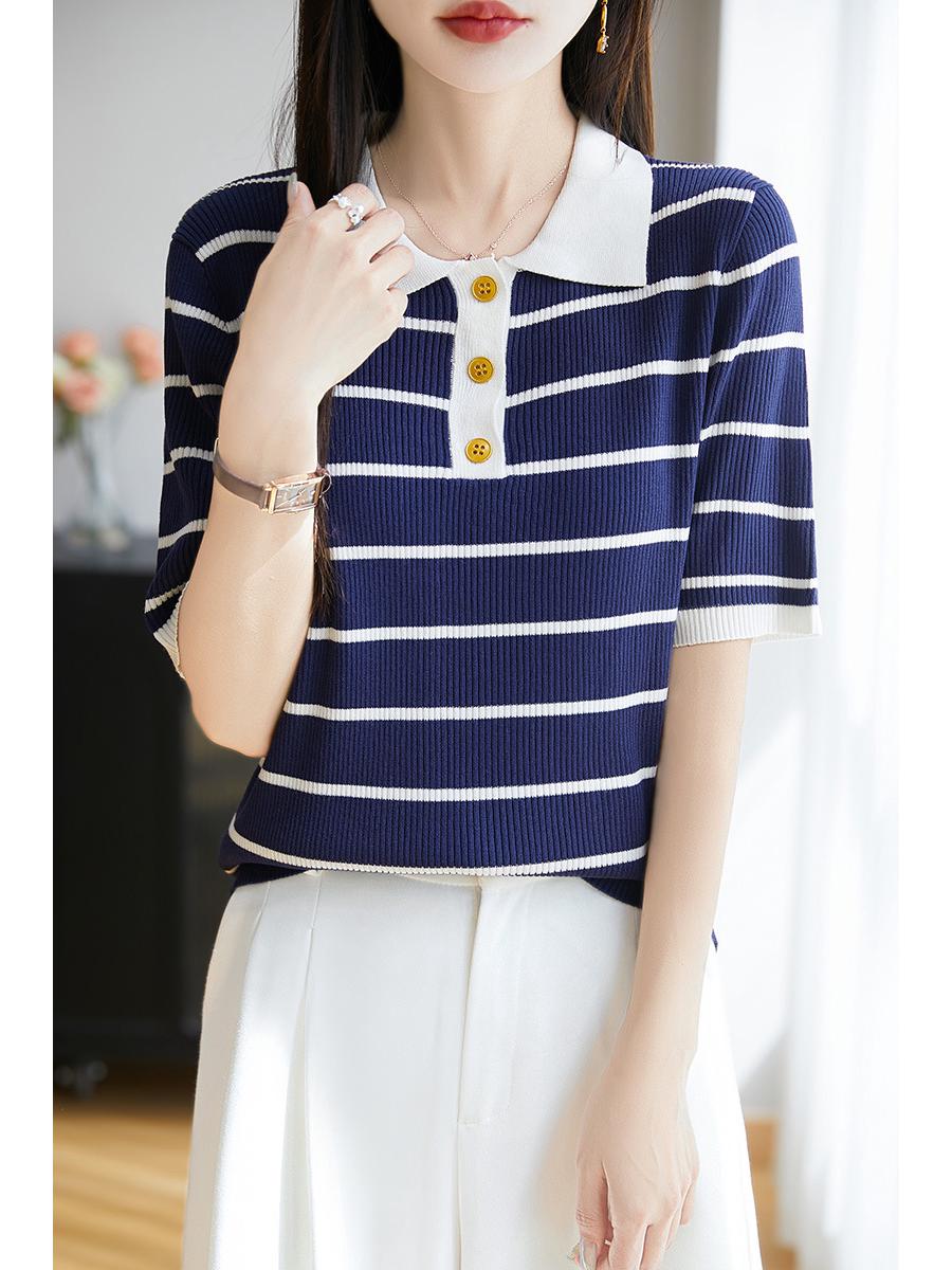 

Женская модная полосатая рубашка-поло - Короткий рукав, Свободный крой, Большой размер, Топ с отложным воротником, украшенным бусинами Large темно-синий