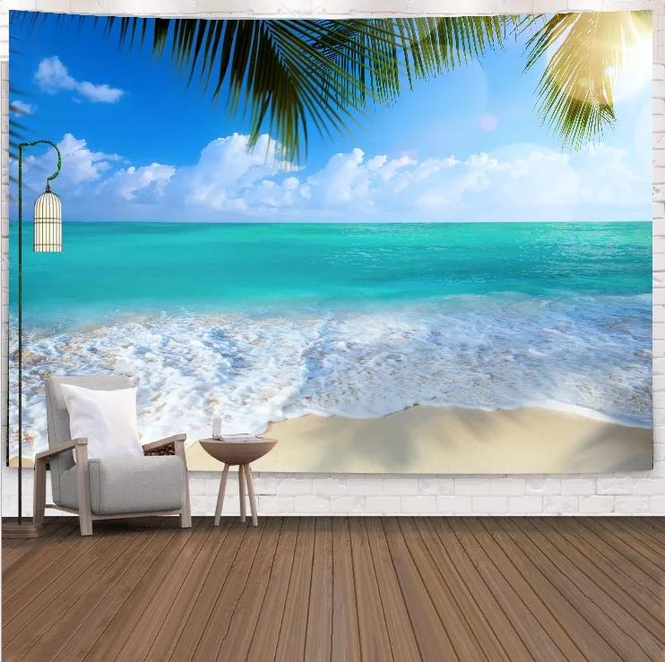 VIKAMA Tropical Beach Landscape Tapestry Summer Coconut Grove Waves Fresh Vacation Style Living Room Room Decoration