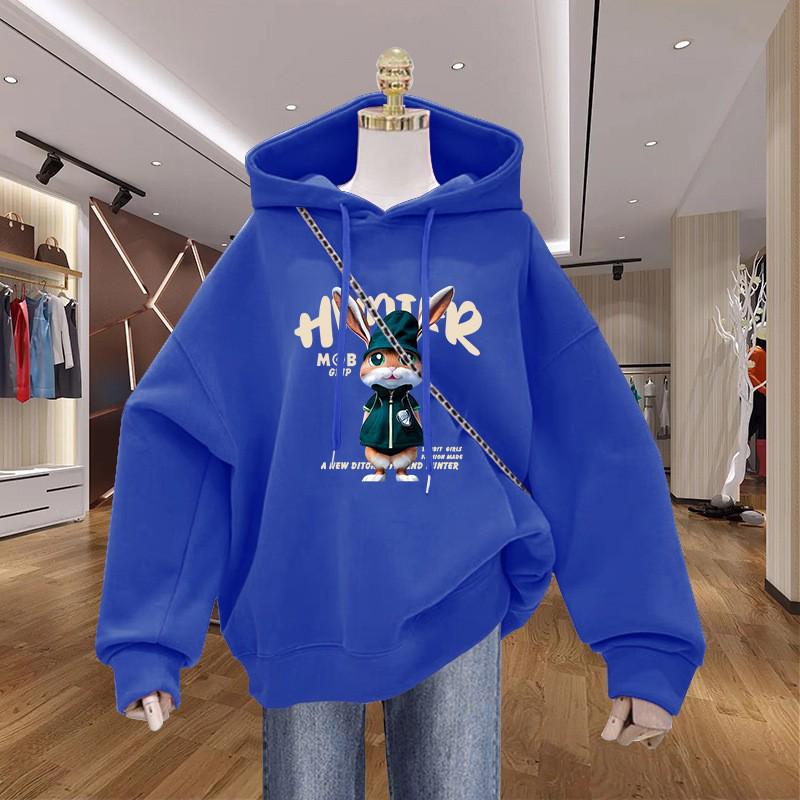 Women's Cartoon Print Fleece-Lined Hooded Sweatshirt - Stylish, Cozy, Loose-Fit, Couple-Friendly Outerwear