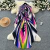 Spring Autumn Women Elegant Print Miyake Fold Cape Robe Batwing Sleeve Oversized Loose Pleated Home Dresses