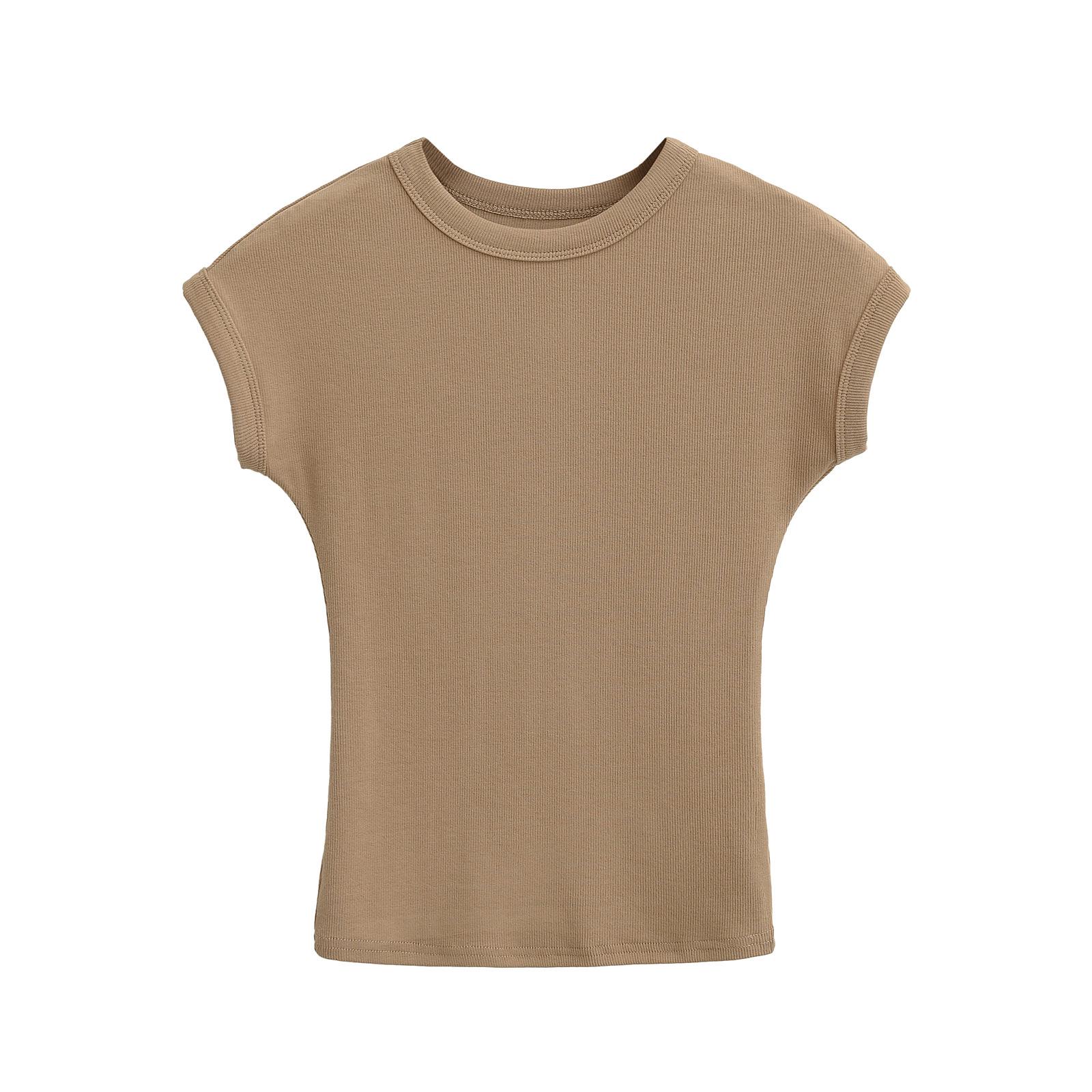 

Лето 2025 Американский Ретро Сладкий и Пикантный Однотонная Футболка с Круглым Вырезом и Короткими Рукавами-Воланами, Подчеркивающая Фигуру Medium хаки