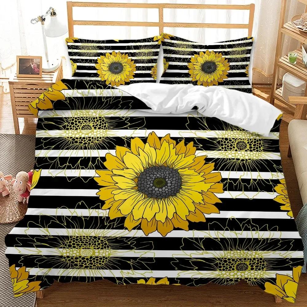 Solros Påslakanset Gul Blomma Sängkläder Set Solros Botanisk Blommig Trädgård Blomtryck på Svart Polyester Quiltöverdrag