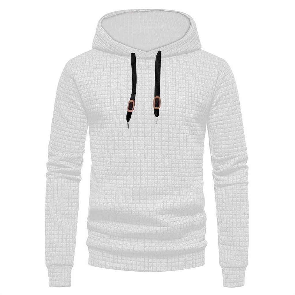 European Long Sleeve Hooded Men's Hoodie with Drawstring Jacquard Checkered Patchwork.