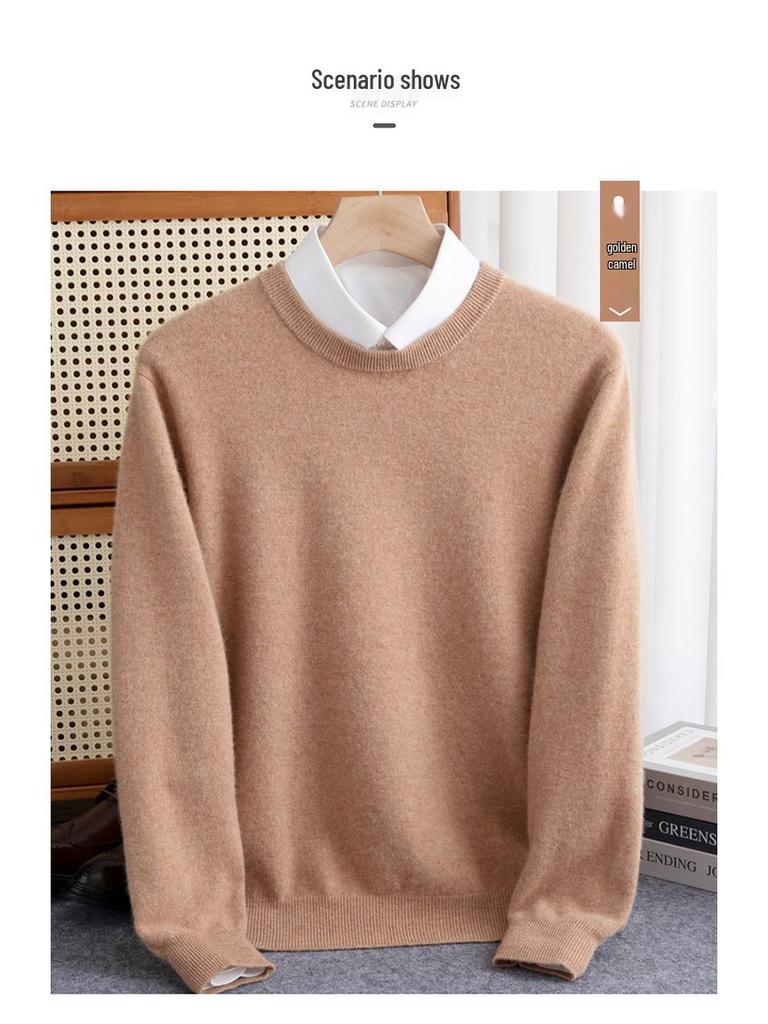 Men's Plus Size Loose Fit Pure Wool Round Neck Sweater, Autumn/Winter Cashmere Knitted Top