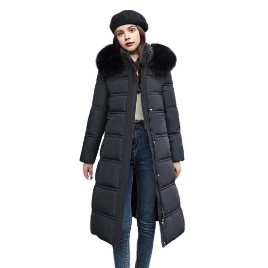 Winter Women Cotton Jacket with Hood Neck Protection Long Sleeves Pockets Mid-calf Length Zipper Closure Padded Coat Solid Color Windproof Outwear