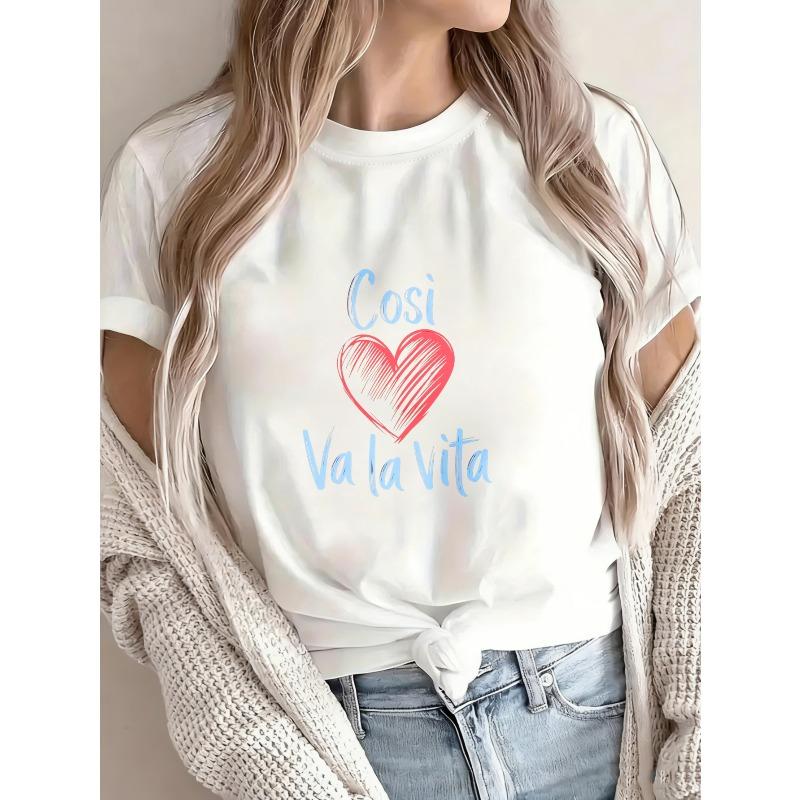 Cotton T Shirt White Cosi Va La Vita Heart Print Casual Everyday Wear