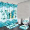 1/ 4pcs Luxury Blue Butterfly Floral Bathroom Set Waterproof Shower Curtain with Matching Non Slip Carpet and Toilet Lid Pad Home Decoration