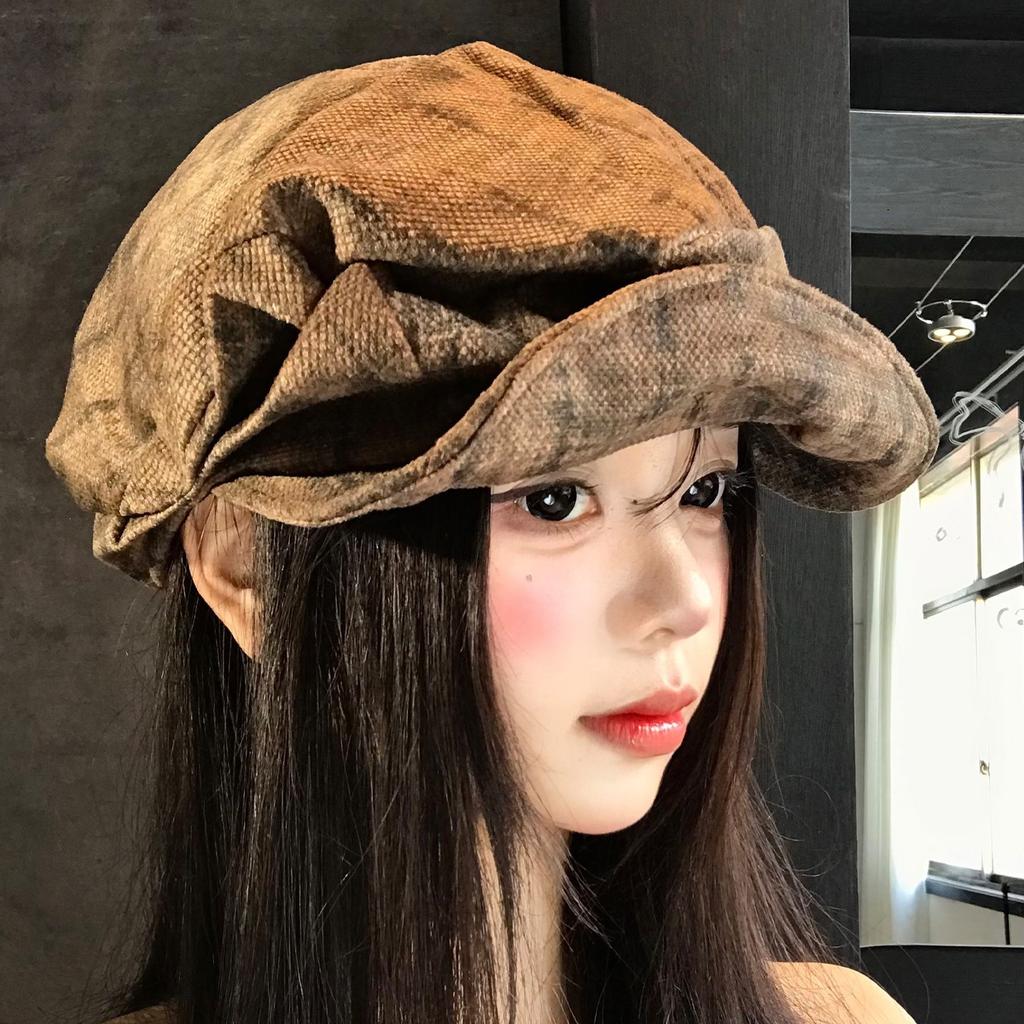 Vintage British Style Pleated Cloud Octagonal Hat Women'S Niche Versatile Beret Big Head Circumference Showing Face Small Newsboy Hat