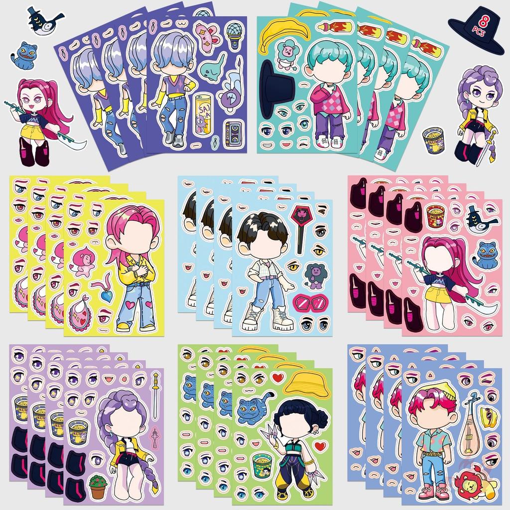 8Sheets/Set KPop Demon Hunters. Make A Face Series 02 Kids Funny Puzzle Stickers DIY Fashion Waterproof Doodle Decals Stickers