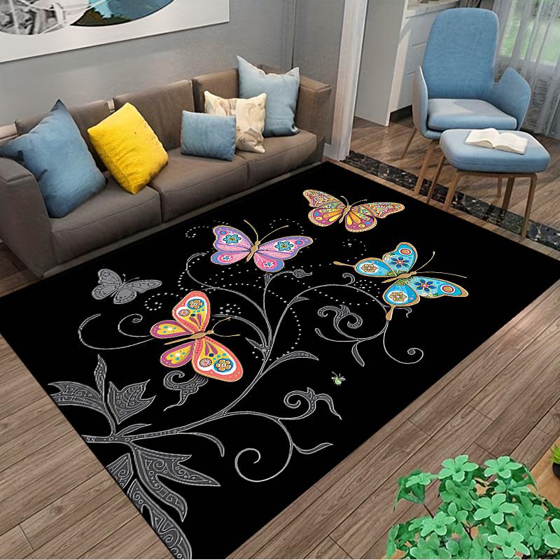 Bunter Schmetterlings-Teppich mit schwarzem Hintergrund und Blumenmuster, geeignet als rutschfester Unterleger für Wohnzimmer, Schlafzimmer, Sofas