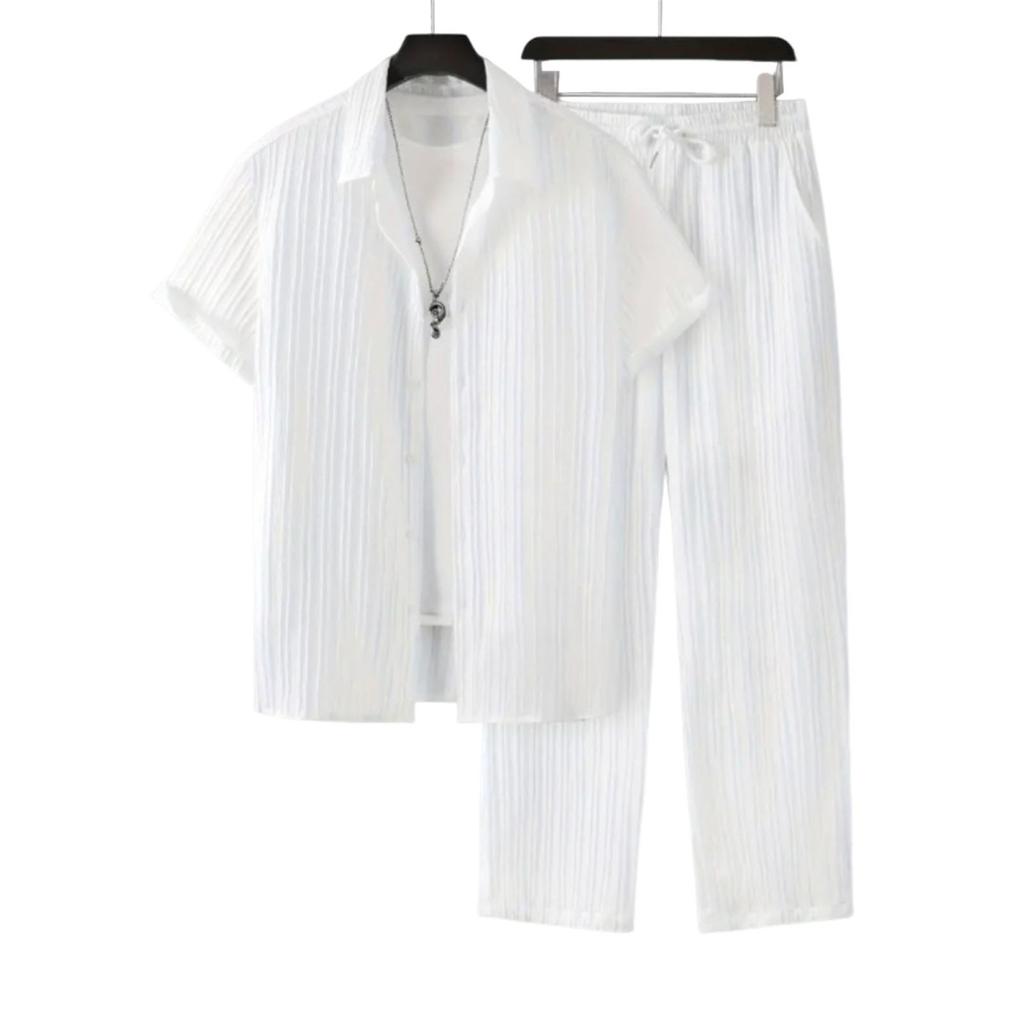 Yousheng 2 Buc/Set Ținută Casual pentru Bărbați Rever Mânecă Scurtă Cămașă la Un Rând Pantaloni Lungi cu Talie Elastică Set Ținută Culoare Solidă